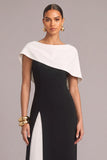 Black Sheath Boat Neck Pleated Long Formal Dress