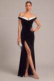 Black Velvet Mermaid Off the Shoulder Long Formal Dress with Slit