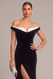 Black Velvet Mermaid Off the Shoulder Long Formal Dress with Slit