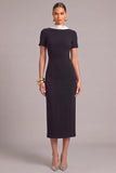 Black Sheath High Neck Midi Formal Dress with Sleeves