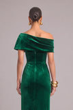 Dark Green Velvet Sheath Ruched One Shoulder Maxi Formal Dress with Slit