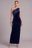 Navy One Shoulder Sheath Velvet Long Formal Dress with Sash