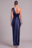 Navy One Shoulder Sheath Velvet Long Formal Dress with Sash