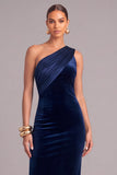 Navy One Shoulder Sheath Velvet Long Formal Dress with Sash