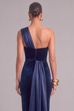Navy One Shoulder Sheath Velvet Long Formal Dress with Sash