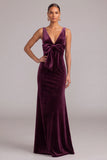 Plum Velvet Mermaid V-Neck Long Formal Dress with Bow