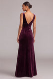 Plum Velvet Mermaid V-Neck Long Formal Dress with Bow