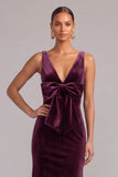 Plum Velvet Mermaid V-Neck Long Formal Dress with Bow