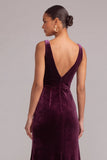 Plum Velvet Mermaid V-Neck Long Formal Dress with Bow