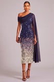 Sparkly Sequins Navy Sheath One Shoulder Midi Formal Dress with Cape