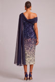 Sparkly Sequins Navy Sheath One Shoulder Midi Formal Dress with Cape