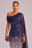 Sparkly Sequins Navy Sheath One Shoulder Midi Formal Dress with Cape