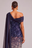Sparkly Sequins Navy Sheath One Shoulder Midi Formal Dress with Cape