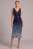 Navy Sparkly Sheath V-Neck Sequins Midi Formal Dress with Belt