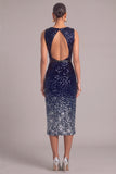 Navy Sparkly Sheath V-Neck Sequins Midi Formal Dress with Belt