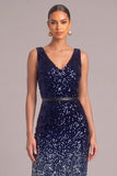 Navy Sparkly Sheath V-Neck Sequins Midi Formal Dress with Belt