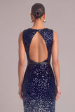 Navy Sparkly Sheath V-Neck Sequins Midi Formal Dress with Belt