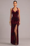 Red Corset Sheath Halter Velvet Ruched Maxi Formal Dress with Slit