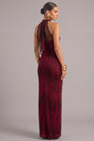 Red Corset Sheath Halter Velvet Ruched Maxi Formal Dress with Slit