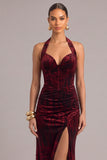 Red Corset Sheath Halter Velvet Ruched Maxi Formal Dress with Slit