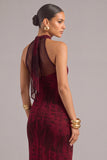 Red Corset Sheath Halter Velvet Ruched Maxi Formal Dress with Slit