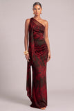 Red Floral Sheath One Shoulder Ruched Long Formal Dress