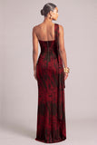 Red Floral Sheath One Shoulder Ruched Long Formal Dress