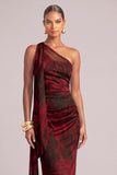 Red Floral Sheath One Shoulder Ruched Long Formal Dress