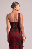 Red Floral Sheath One Shoulder Ruched Long Formal Dress