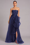 Navy A-Line Strapless Ruffled Maxi Formal Dress with Slit