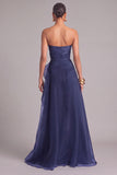 Navy A-Line Strapless Ruffled Maxi Formal Dress with Slit