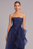 Navy A-Line Strapless Ruffled Maxi Formal Dress with Slit