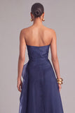Navy A-Line Strapless Ruffled Maxi Formal Dress with Slit