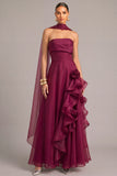 Plum A-Line Floral Strapless Ruffled Maxi Formal Dress with Neck Scarf