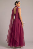 Plum A-Line Floral Strapless Ruffled Maxi Formal Dress with Neck Scarf