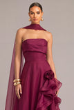 Plum A-Line Floral Strapless Ruffled Maxi Formal Dress with Neck Scarf