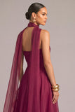 Plum A-Line Floral Strapless Ruffled Maxi Formal Dress with Neck Scarf