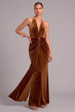 Copper Mermaid Halter Velvet Ruched Long Formal Dress with Slit