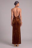 Copper Mermaid Halter Velvet Ruched Long Formal Dress with Slit