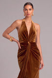 Copper Mermaid Halter Velvet Ruched Long Formal Dress with Slit