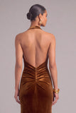 Copper Mermaid Halter Velvet Ruched Long Formal Dress with Slit