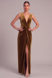 Copper Sheath V-Neck Ruched Velvet Long Formal Dress with Slit