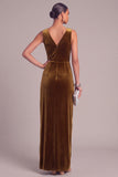 Copper Sheath V-Neck Ruched Velvet Long Formal Dress with Slit