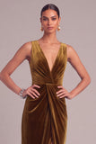 Copper Sheath V-Neck Ruched Velvet Long Formal Dress with Slit