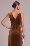 Copper Sheath V-Neck Ruched Velvet Long Formal Dress with Slit
