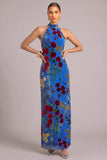 Royal Blue Velvet Sheath High Neck Floral Long Formal Dress