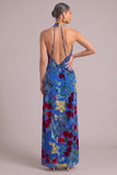 Royal Blue Velvet Sheath High Neck Floral Long Formal Dress