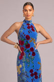 Royal Blue Velvet Sheath High Neck Floral Long Formal Dress