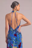 Royal Blue Velvet Sheath High Neck Floral Long Formal Dress