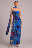 Royal Blue Sheath Velvet Strapless Floral Maxi Formal Dress with Neck Scarf